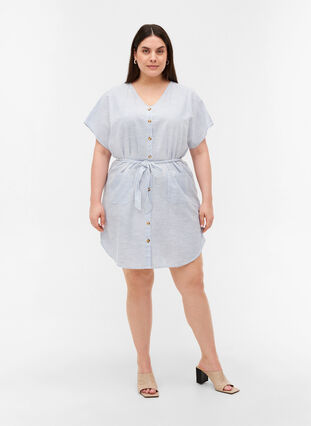 Gestreiftes Hemdkleid aus Baumwolle mit Taschen, Country Blue Stripe, Model image number 2