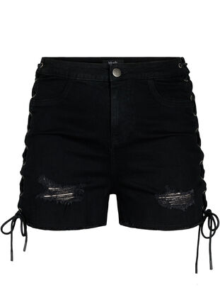 Denim-Shorts mit Schnürdetails, Black Denim, Packshot image number 0