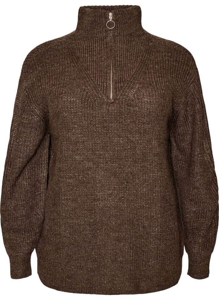 Strickpullover mit hohem Kragen und Rei&szlig;verschluss, Braun, Packshot image number 0