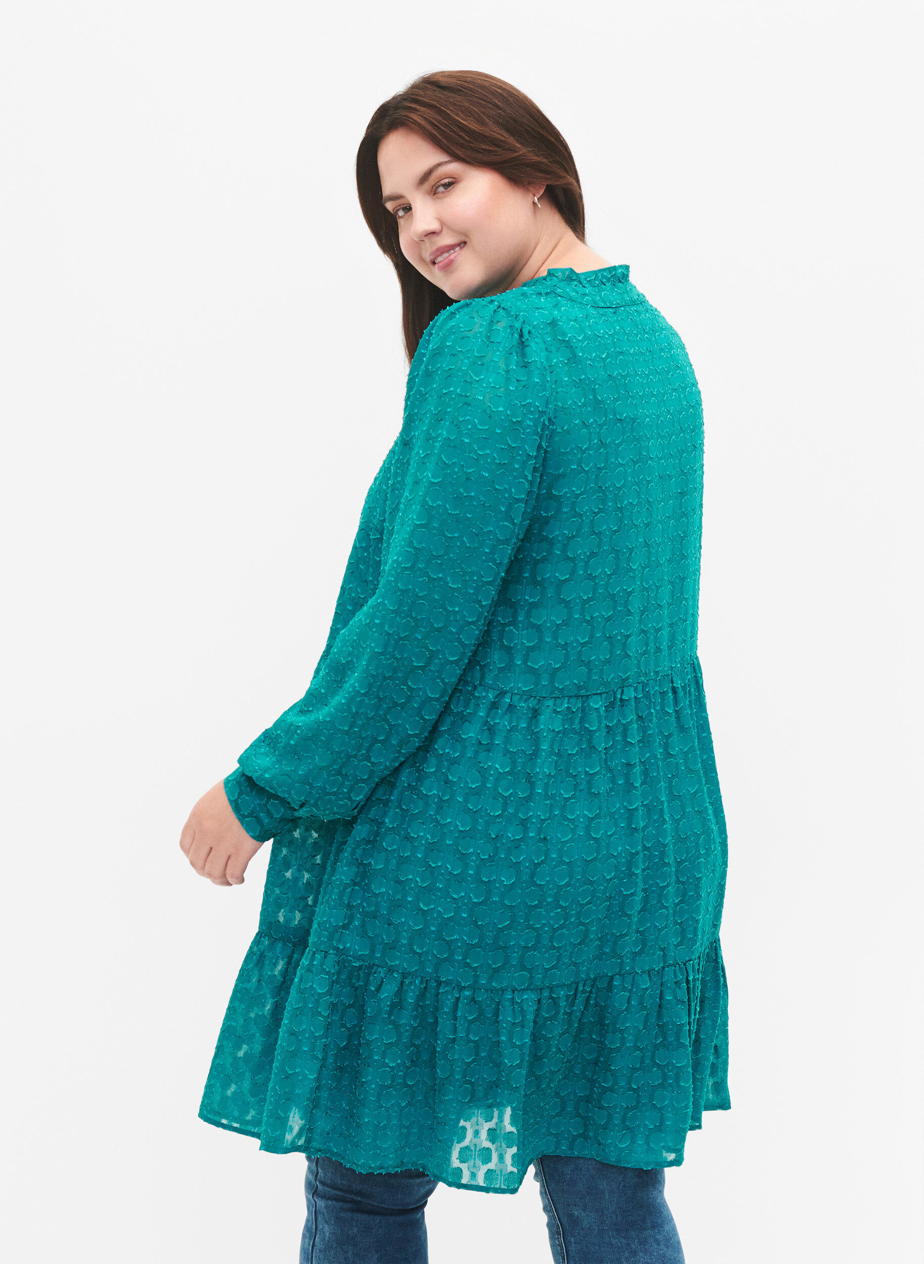 Zizzi Jacquard-Kleid mit R&uuml;schenkragen, Deep Lake, Model image number 1