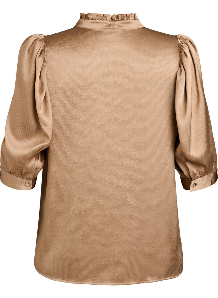 Bluse in Satin-Optik mit 1/2-&Auml;rmeln und R&uuml;schenkragen, Braun, Packshot image number 1
