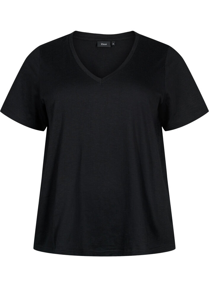 Kurzärmliges Basic-T-Shirt mit V-Ausschnitt, Schwarz, Packshot image number 0