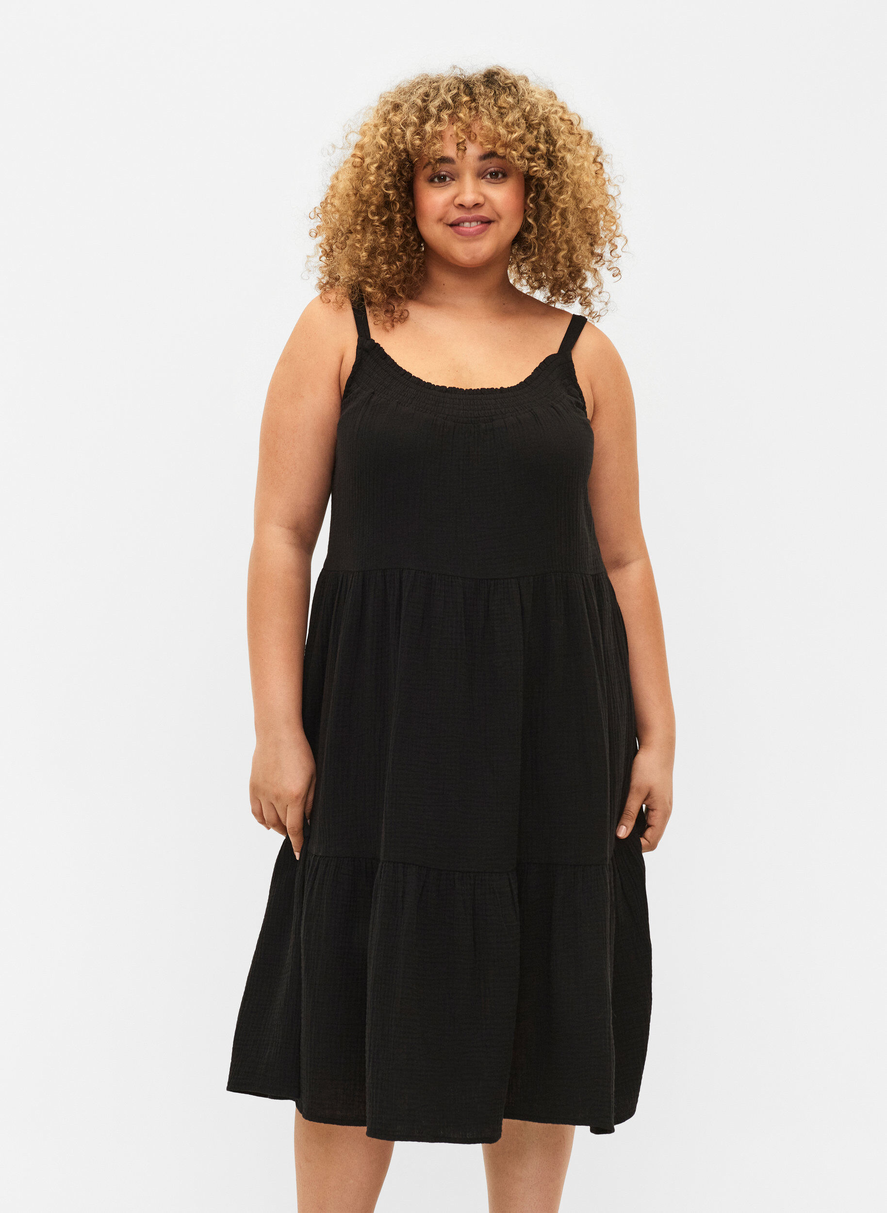 Zizzi Einfarbiges Tr&auml;gerkleid aus Baumwolle, Black, Model image number 0