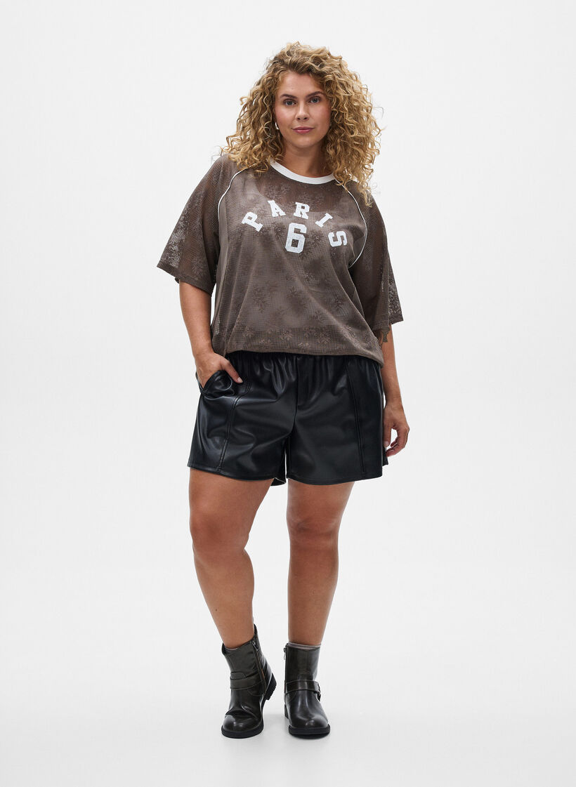 T-Shirt aus Spitze mit Textaufdruck, Braun, Model image number 1