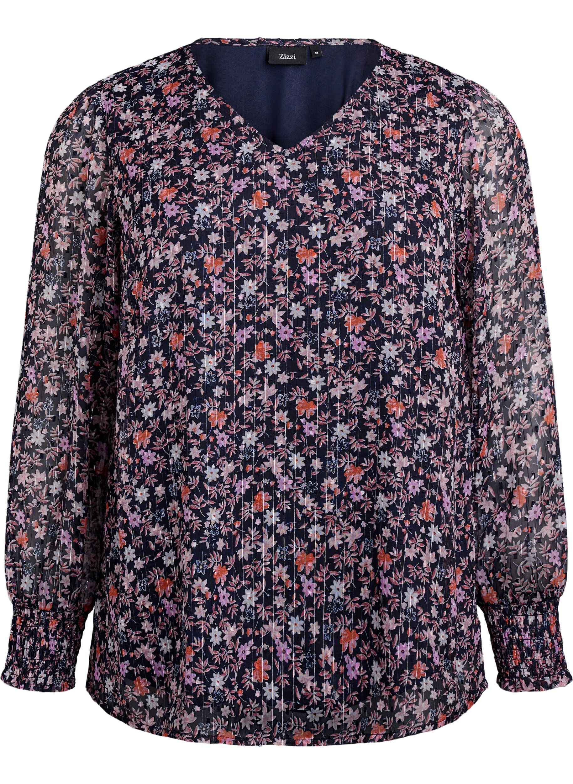 Zizzi Bluse mit gebl&uuml;mtem Print und Glitzerfaden, Blau, Packshot image number 0