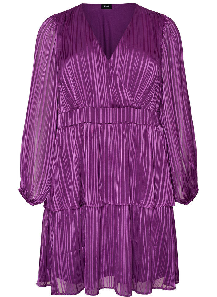 Knielanges Kleid mit transparenten Streifen und Wickeleffekt, Lila, Packshot image number 0