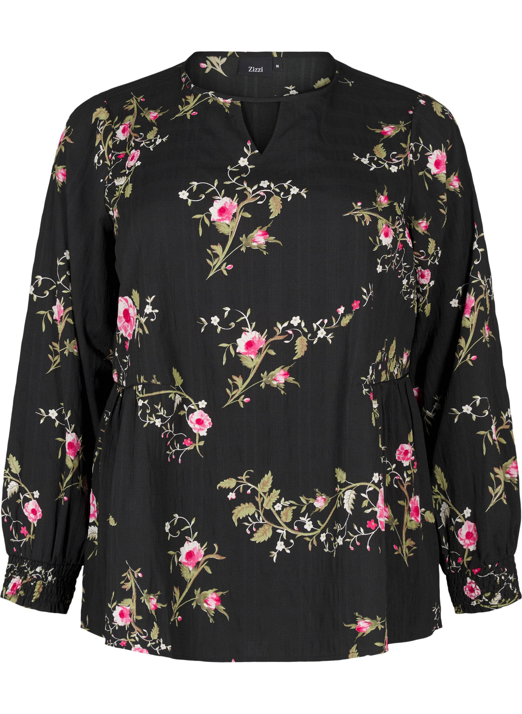 Zizzi Lang&auml;rmelige Bluse mit gebl&uuml;mtem Muster, Schwarz, Packshot image number 0