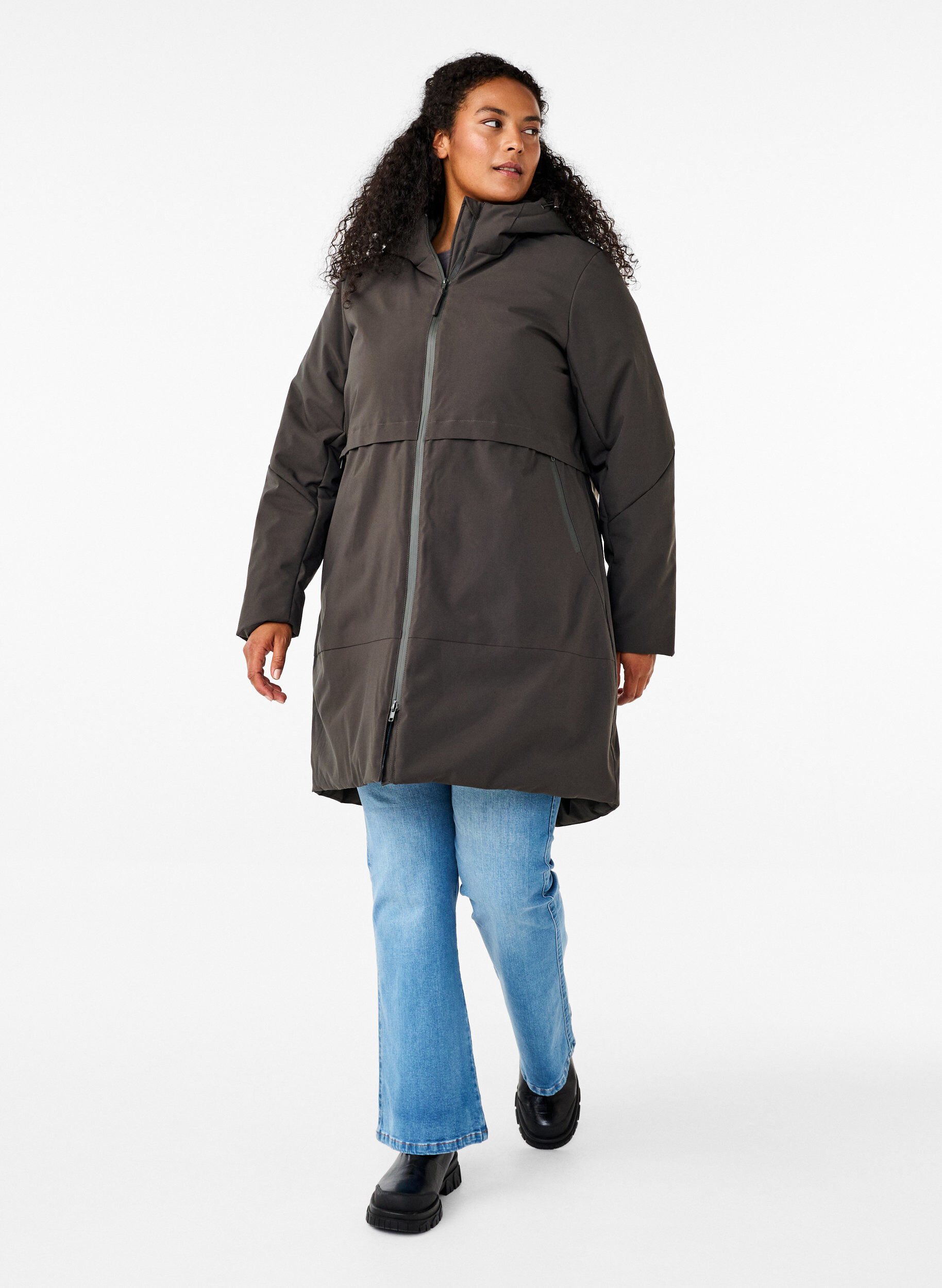 Zizzi Winterjacke mit verstellbarer Taille, Grau, Model image number 1