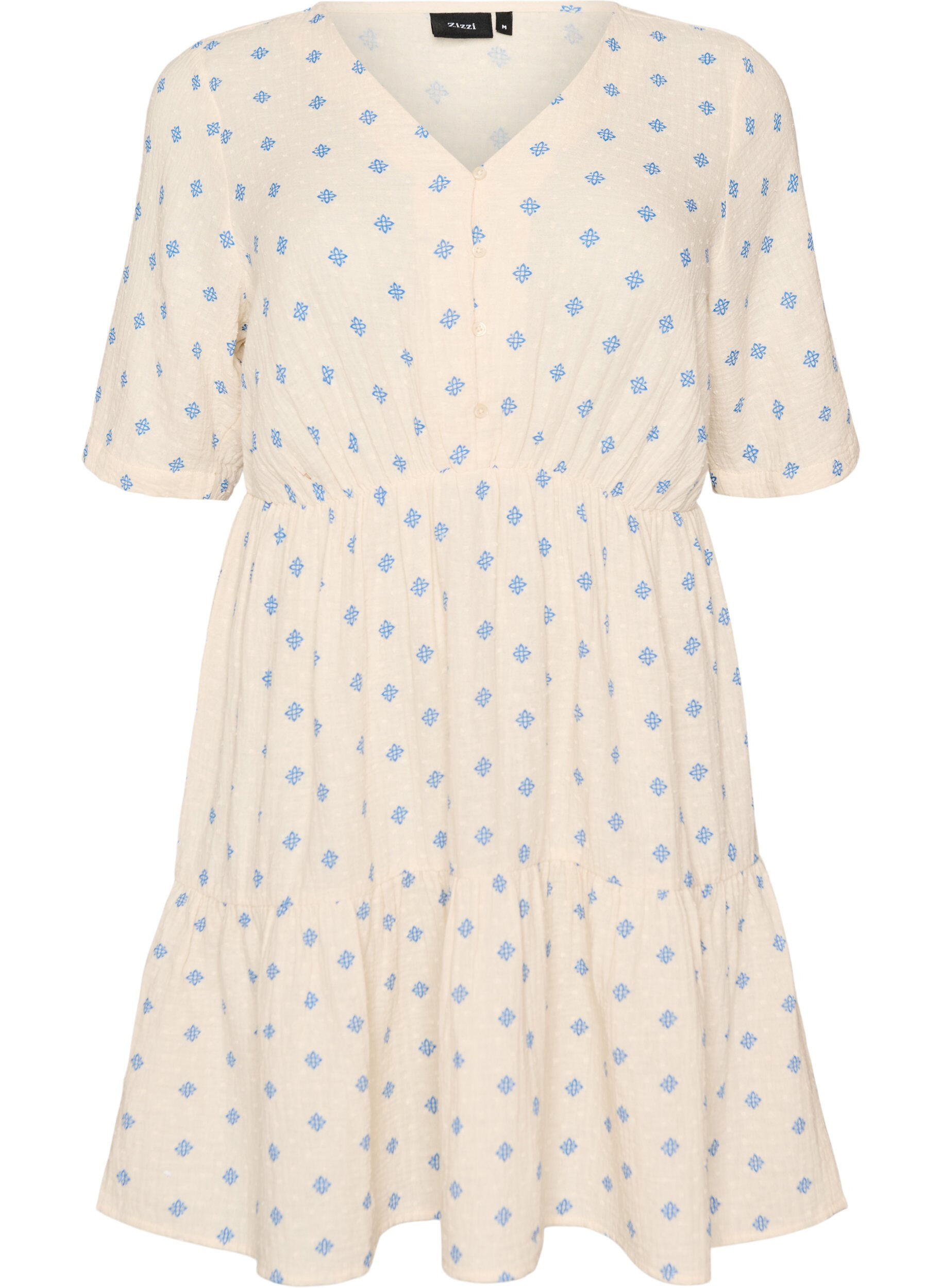 ZizziBedrucktes Kleid aus Baumwolle mit Gummizug in der Taille, Beige, Packshot image number 0