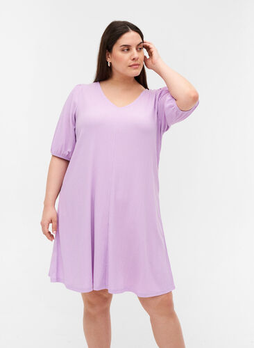 Kleid mit Puffärmeln und V-Ausschnitt, Purple Rose, Model image number 0