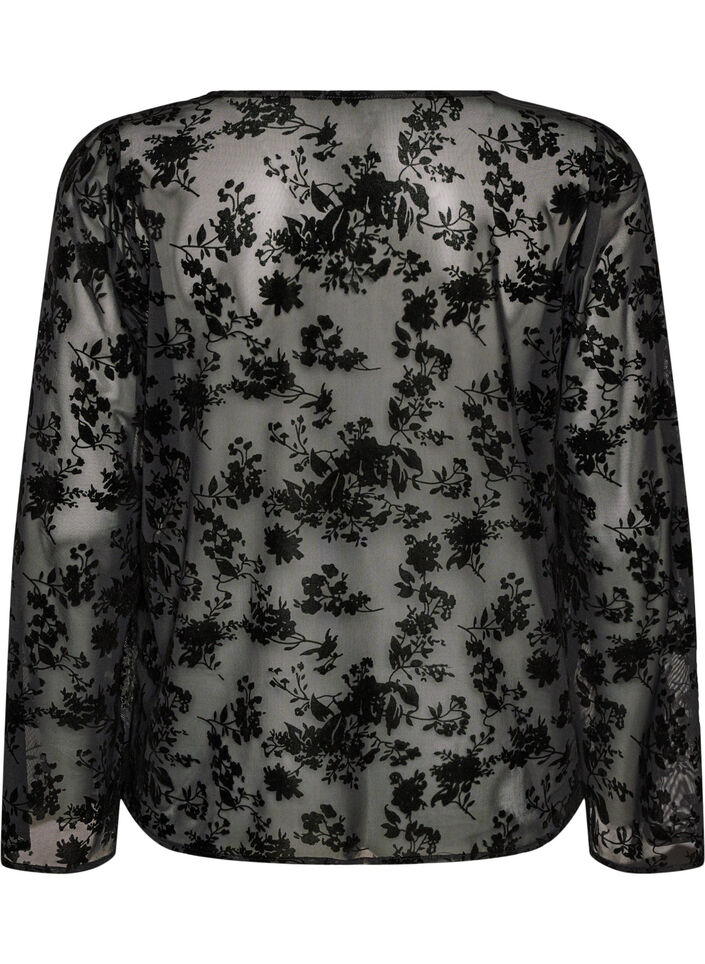 Meshbluse mit Blumenmuster und offener Front, Schwarz, Packshot image number 1