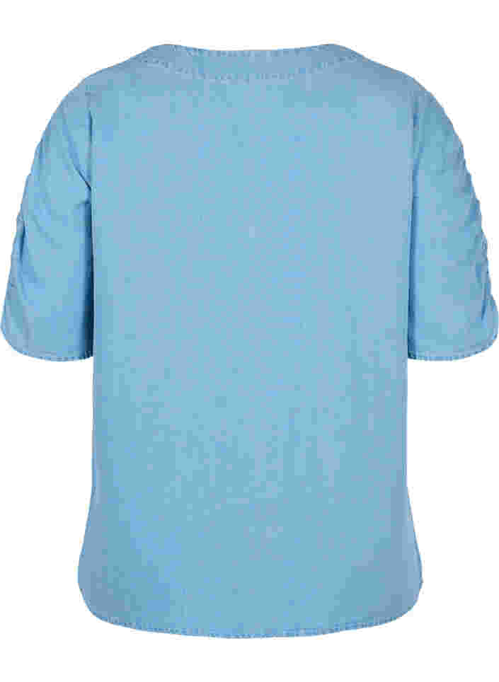 Bluse mit gerafften Ärmeln, Light blue denim, Packshot image number 1