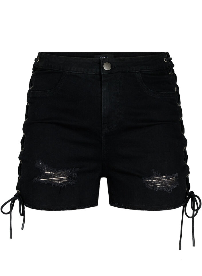 Gerippte Jeansshorts mit Schnüren, Black Denim, Packshot image number 0