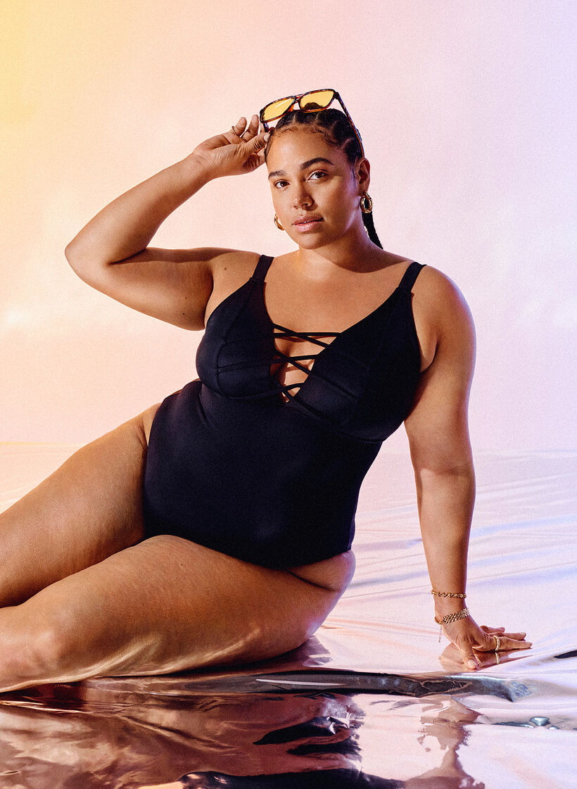 Badeanzug mit Schnurdetails, Black, Image image number 0