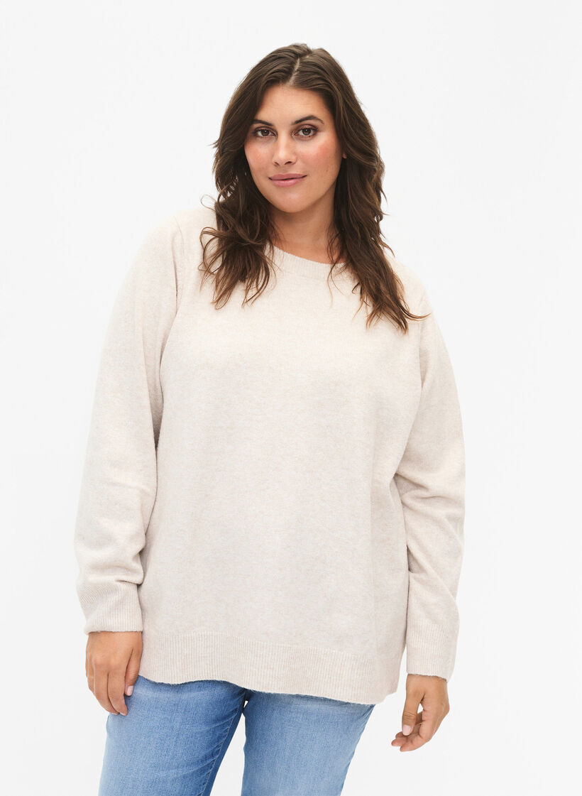 Langarmpullover mit Rundhalsausschnitt	, Pumice Stone Mel., Model image number 0