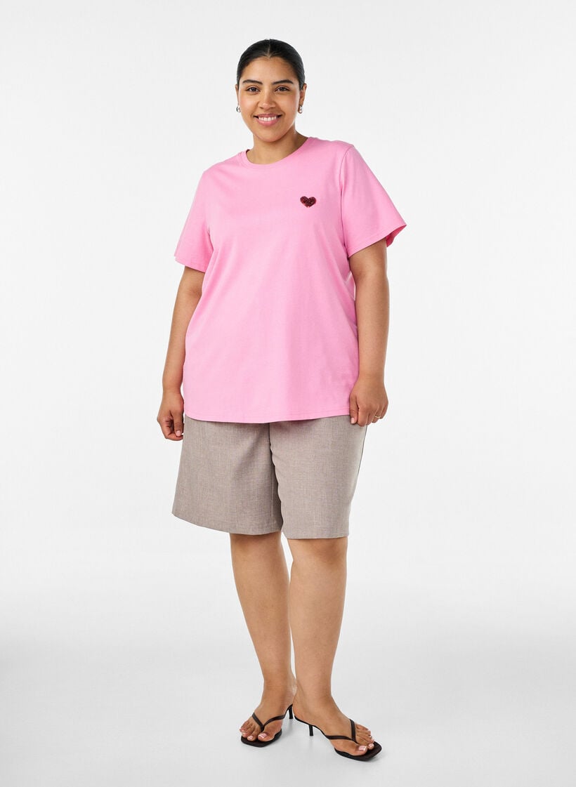 T-Shirt mit Pailletten-Herz und buntem R&uuml;ckenprint, Pink, Model image number 1