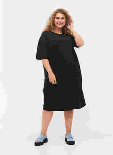 Kurzärmeliges Baumwollkleid mit Schlitz, Black, Model image number 2