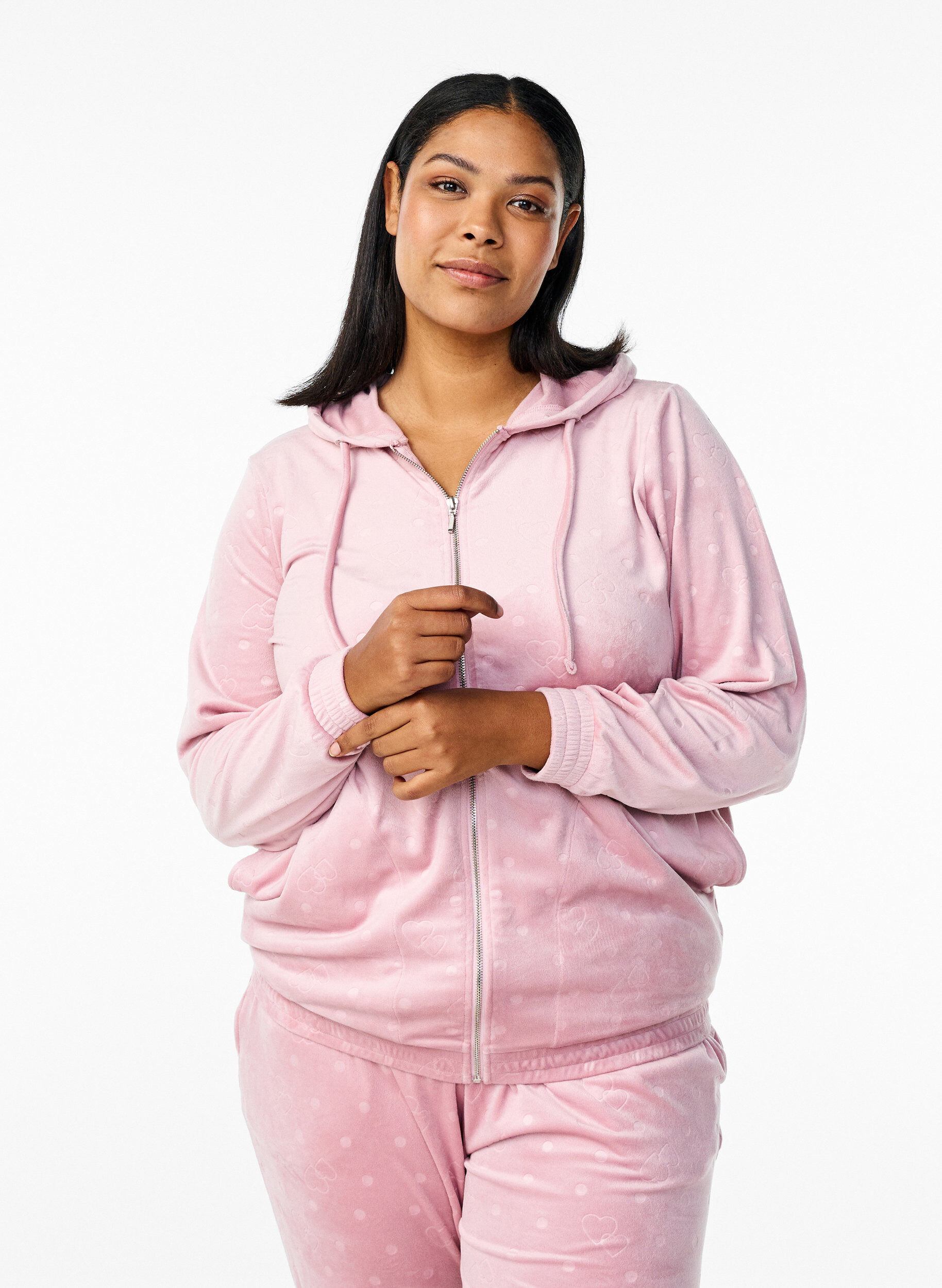 Zizzi Strickjacke aus Velours mit Kapuze und Taschen, Pink, Model image number 0