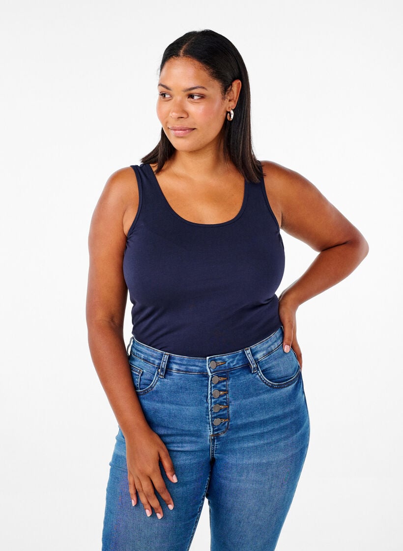 Solide Farbe Grundoberteil aus Baumwolle, Blau, Model image number 0