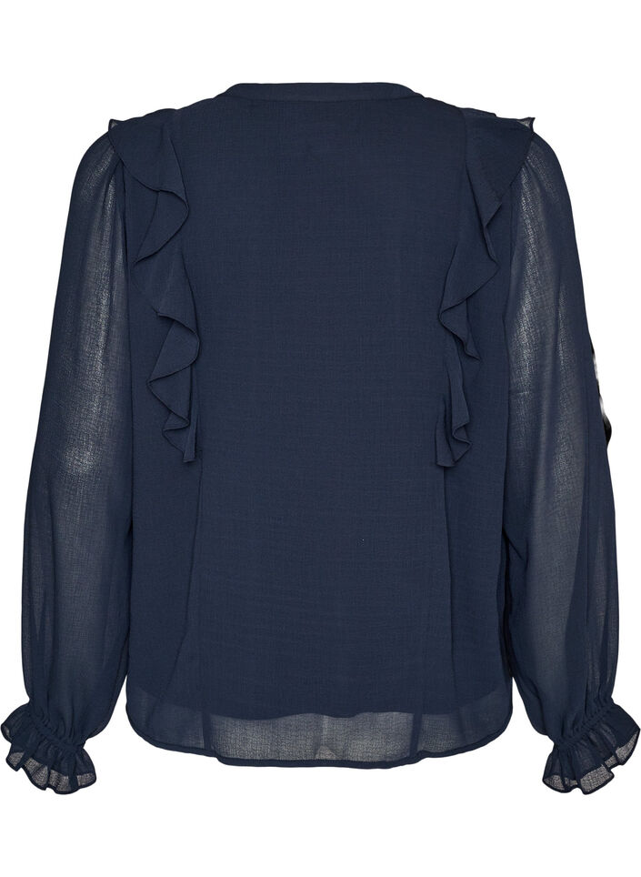 Transparente Bluse mit R&uuml;schen und Bindeband, Blau, Packshot image number 1