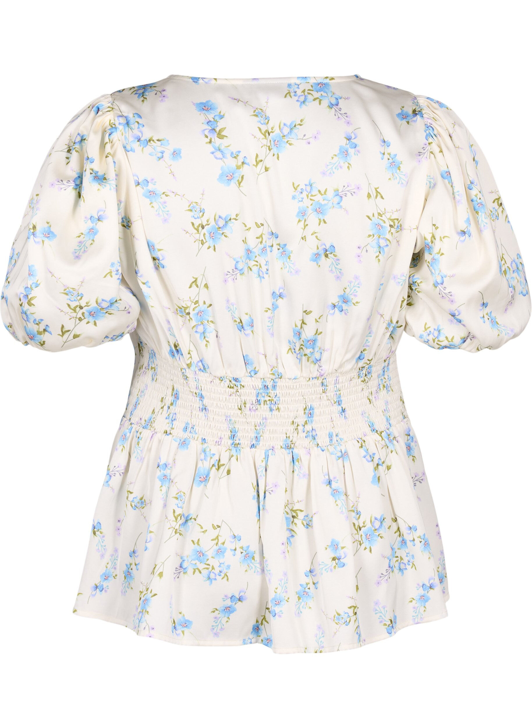 Zizzi Gebl&uuml;mte Satin-Bluse mit Puff&auml;rmeln, Off White Blue Fl., Packshot image number 1