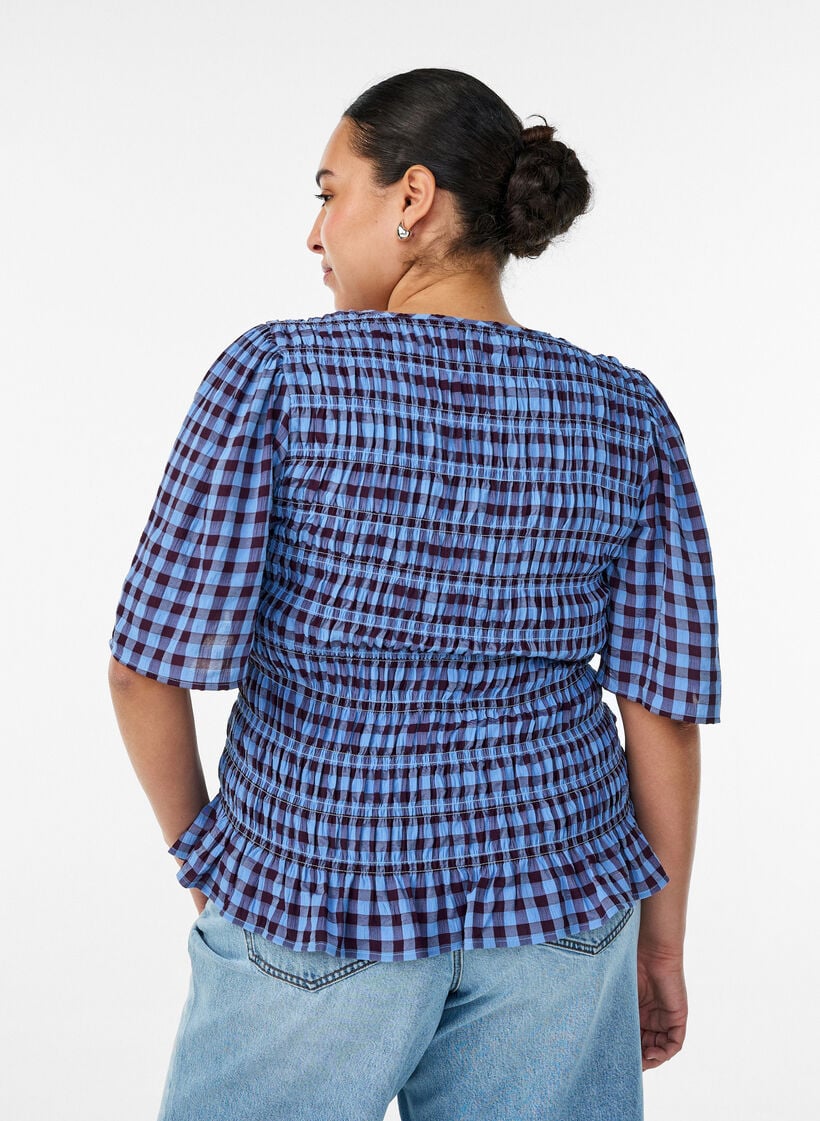 Smockbluse mit Vichy-Karo und R&uuml;schensaum, Blau, Model image number 2