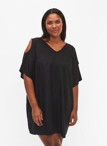 Strandkleid aus Viskose mit Schulterdetail, Black, Model image number 0