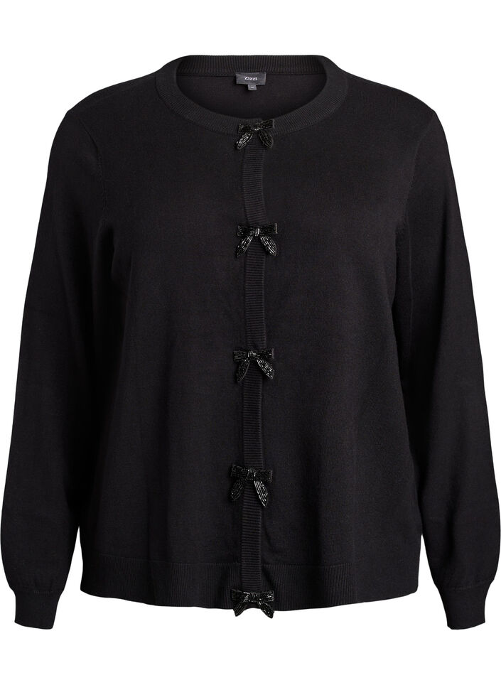 Cardigan mit perlenbestickten Schleifen und Druckkn&ouml;pfen, Schwarz, Packshot image number 0