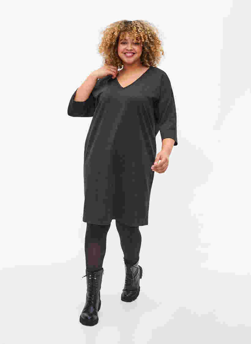 Melange-Kleid mit 3/4-Ärmeln und V-Ausschnitt, Dark Grey Mel., Model image number 2