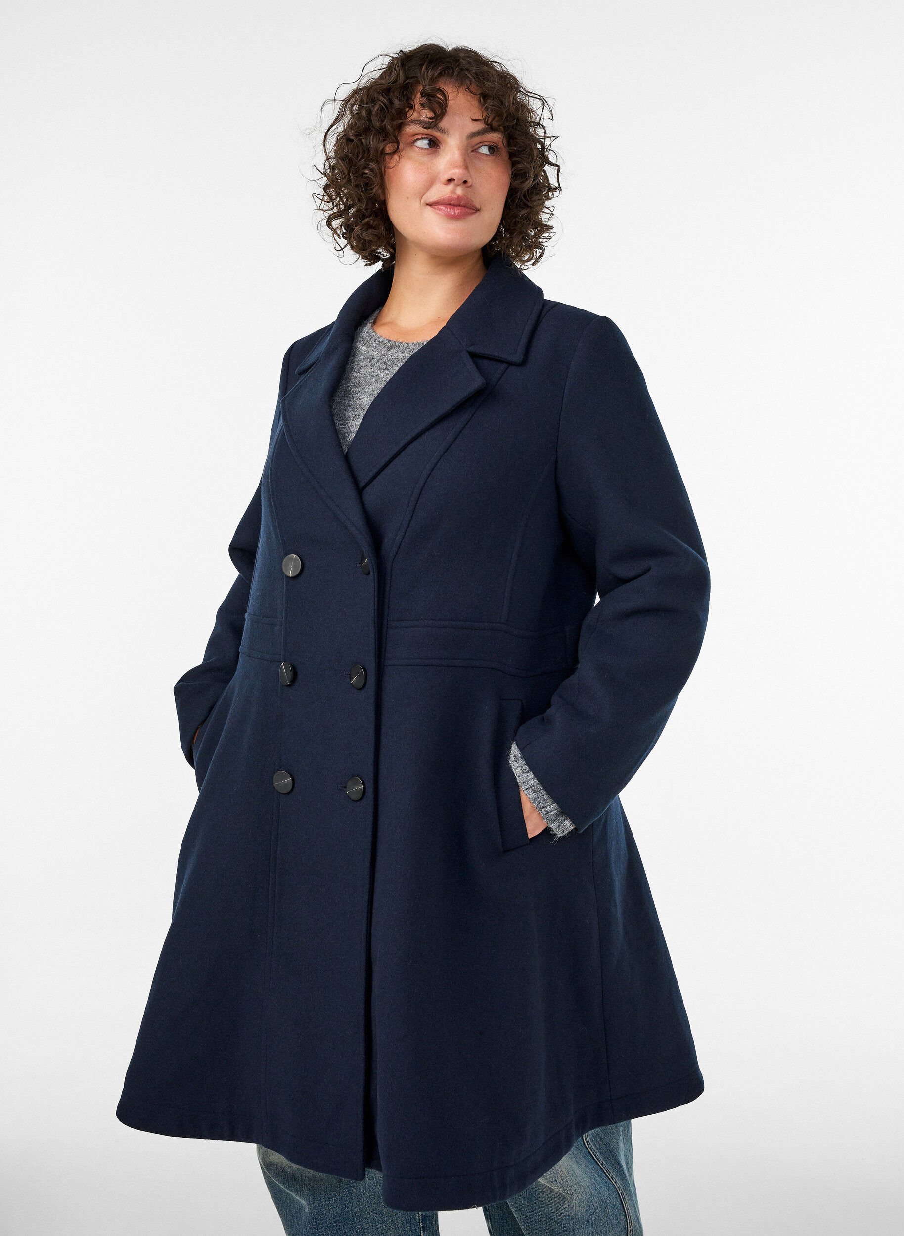 ZizziA-line wool coat with pockets, Blue, Model image number 0