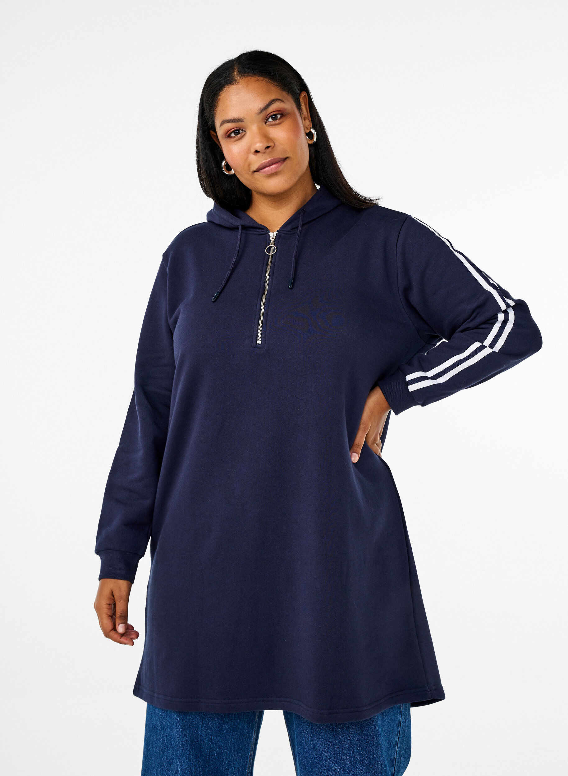 Zizzi Sweatshirtkleid mit Kapuze und langen &Auml;rmeln, Navy Blazer, Model image number 0