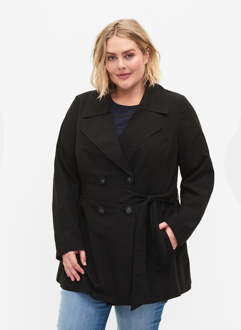Trenchcoat mit Gürtel und Taschen, Black, Model image number 0