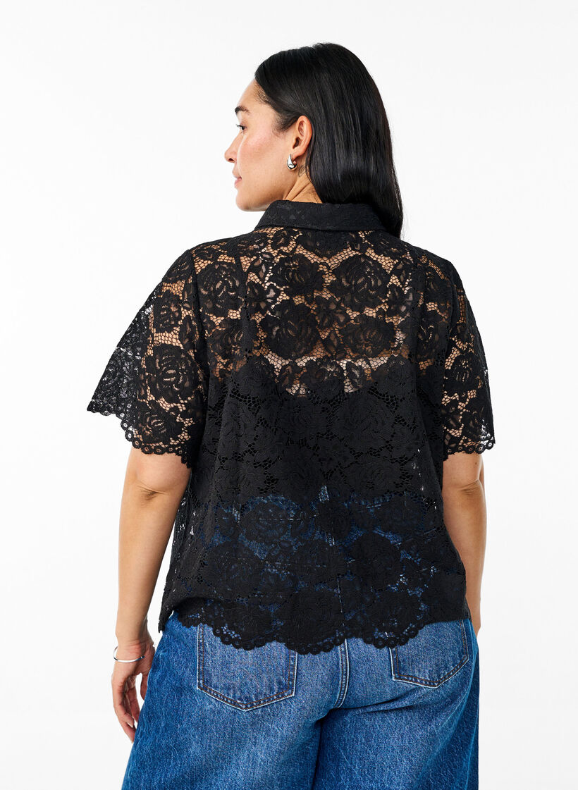 Spitzen blusenshirt mit perlenkn&ouml;pfen, Schwarz, Model image number 2