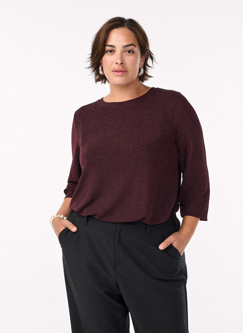 Bluse mit Fischgr&auml;tenmuster und Glitzerfaden, Dunkles Bordeaux, Model image number 0