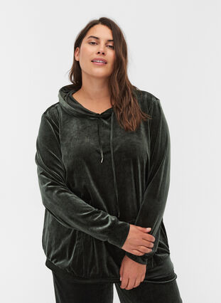 Sweatshirt aus Velour mit Kapuze und Tasche, Forest Night, Model image number 0