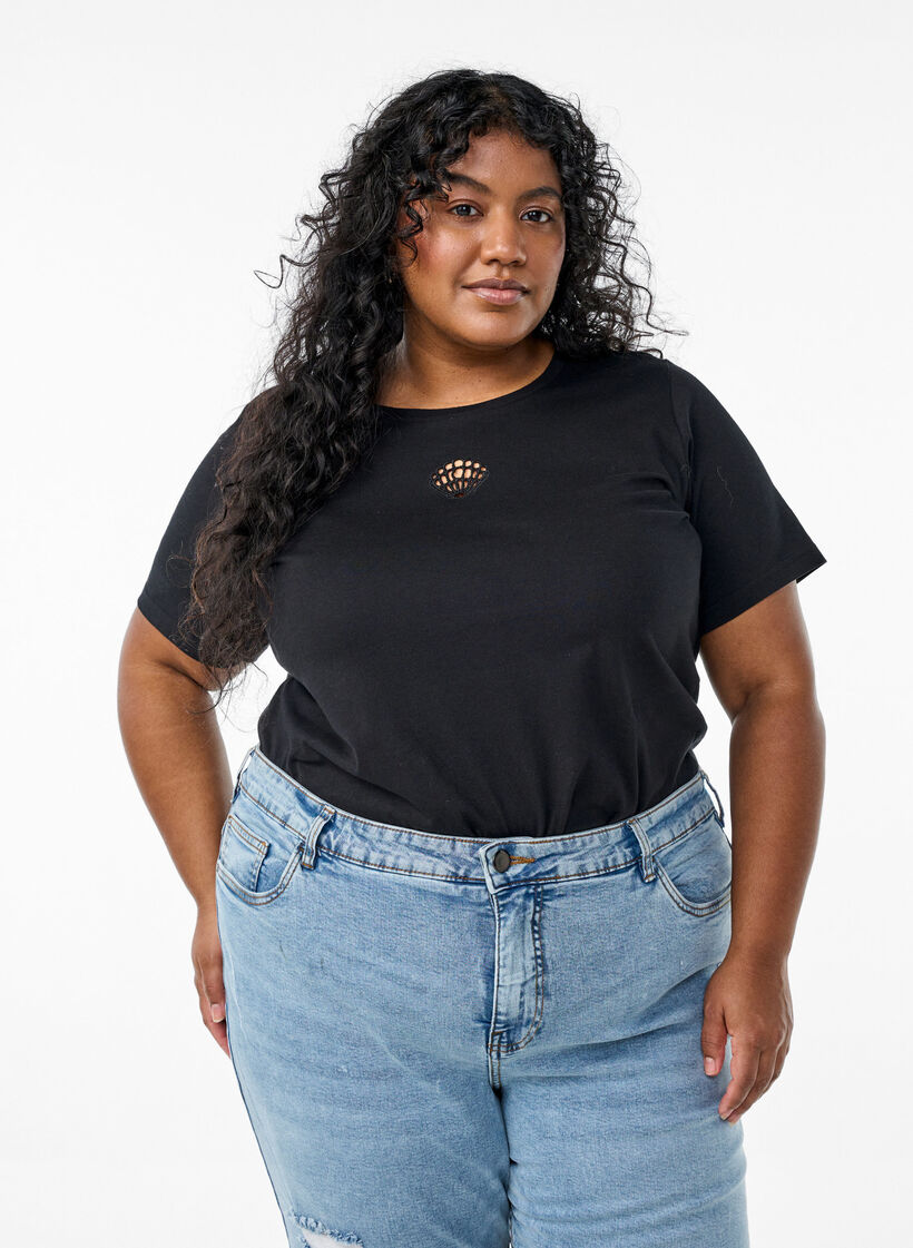 T-Shirt mit dekorativen Details, Schwarz, Model image number 0