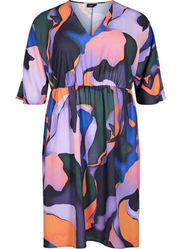 Midi Kleid mit V-Ausschnitt und farbigem Druck, Big Scale Print, Packshot image number 0