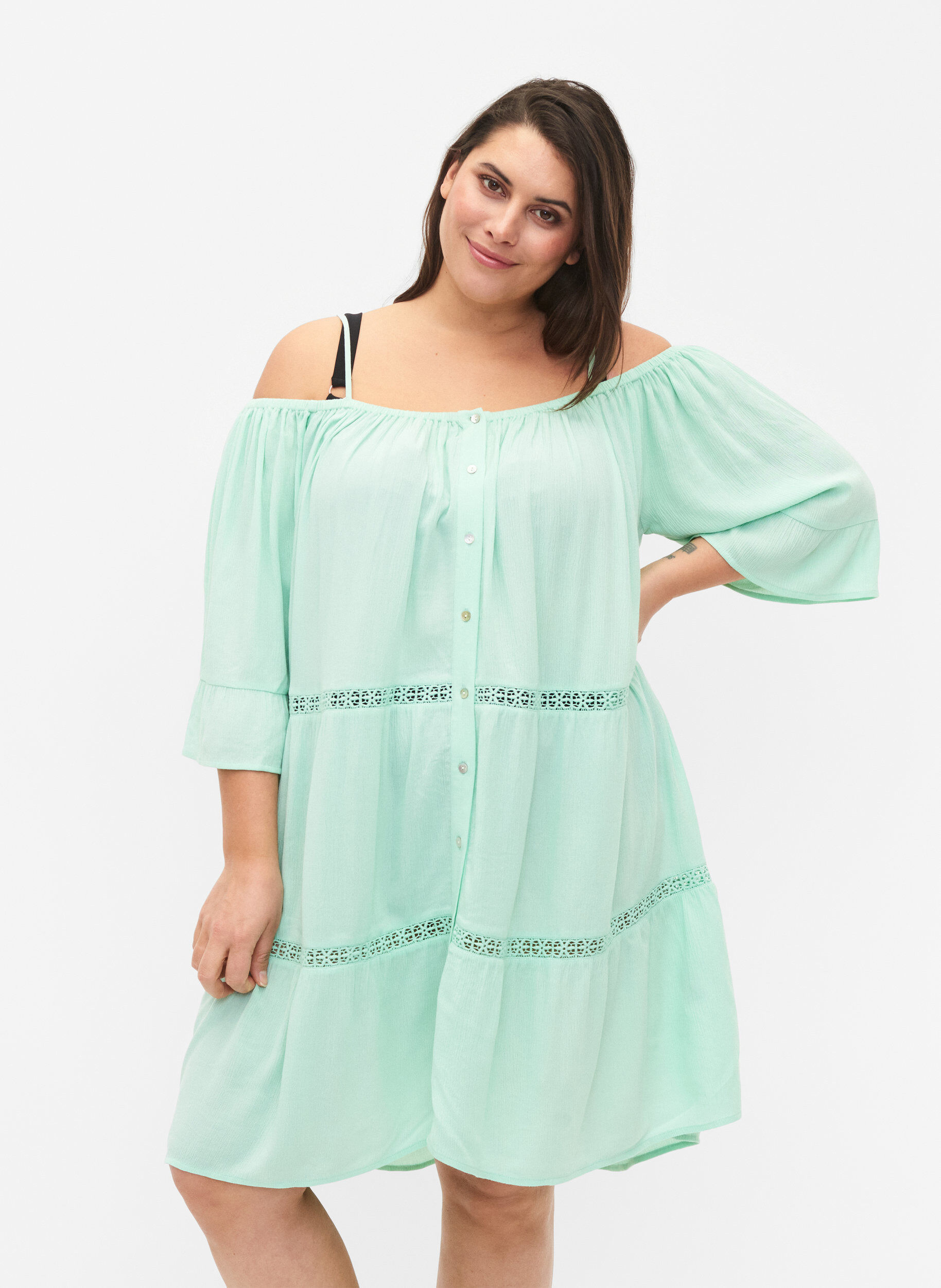 Zizzi Strandtunika mit Off-Shoulder, Brook Green, Model image number 0