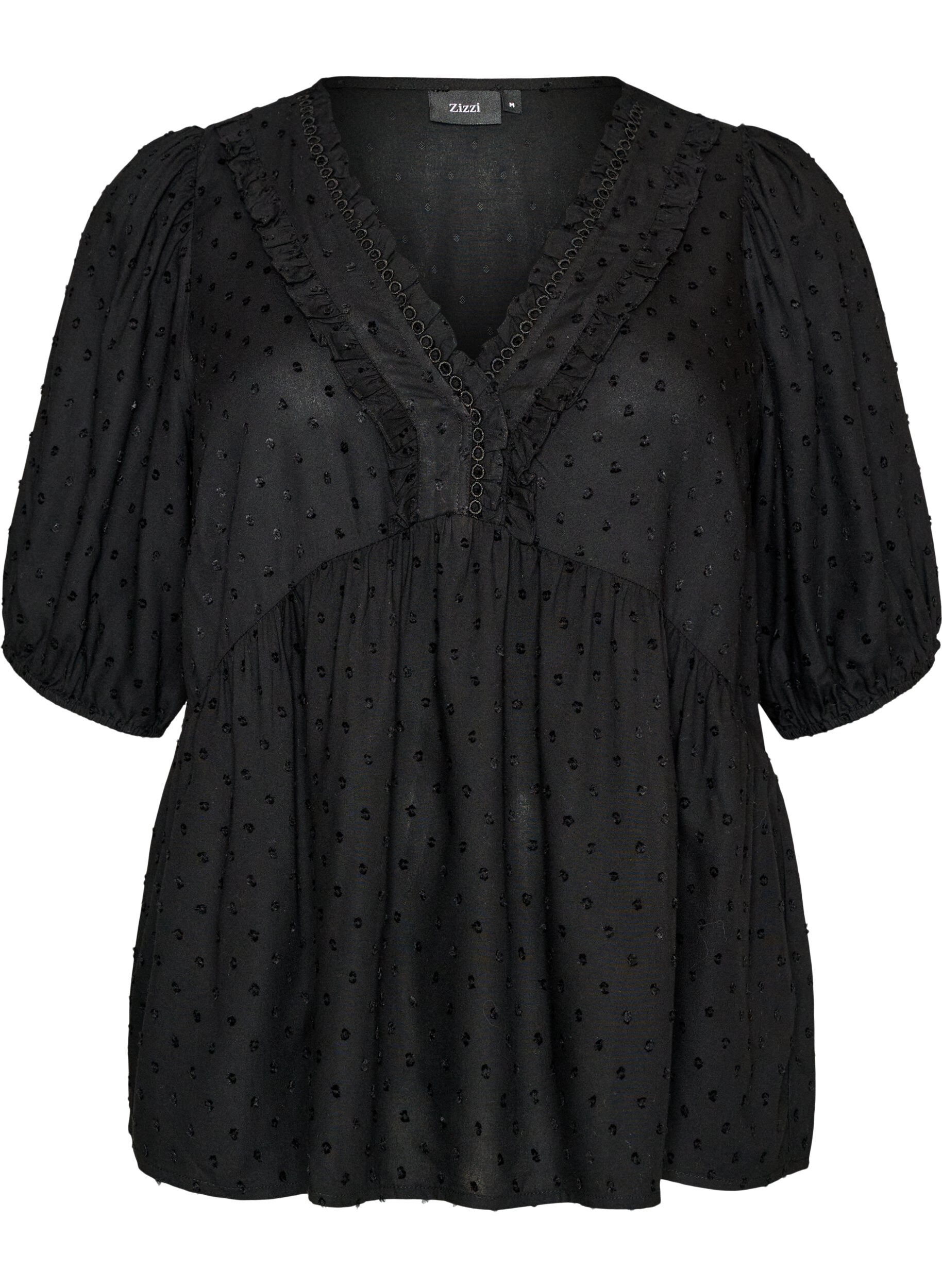 ZizziBluse aus Viskose mit gepunkteter Struktur und V-Ausschnitt, Schwarz, Packshot image number 0
