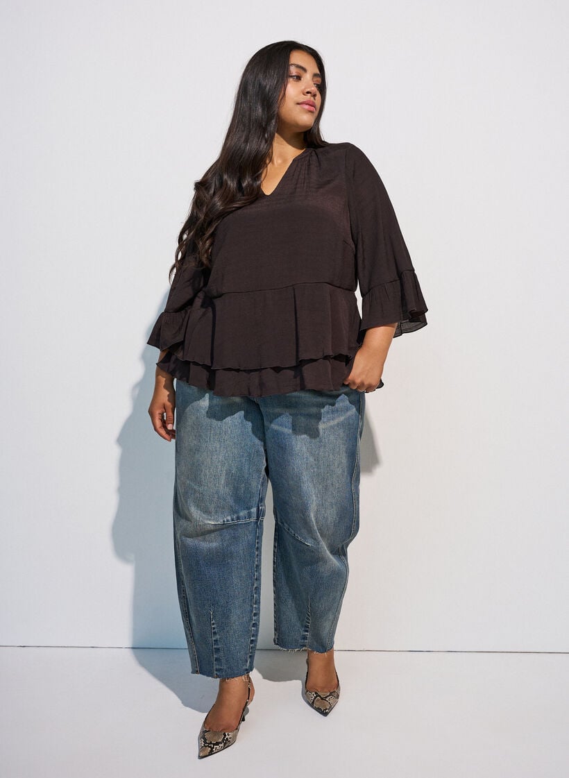 Bluse mit 3/4-&Auml;rmeln und R&uuml;schendetails, Braun, Model image number 1