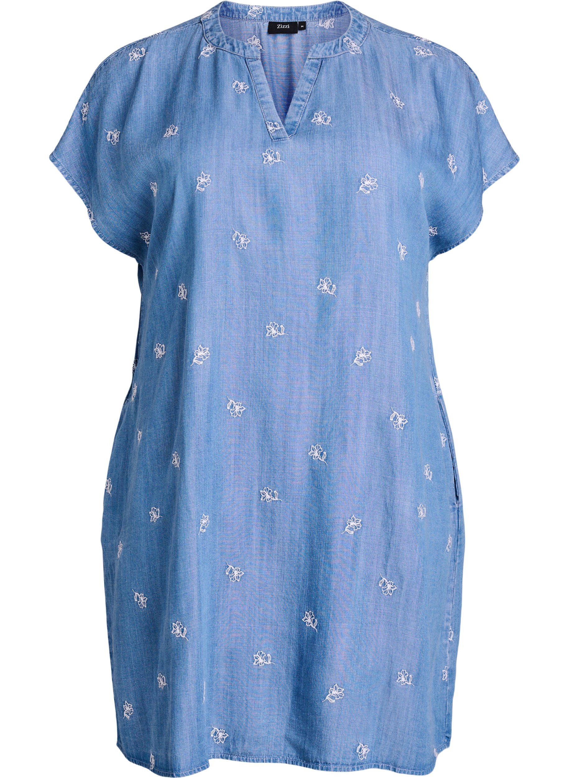 Kleid aus Lyocell mit Denim-Look und bestickten Blumen