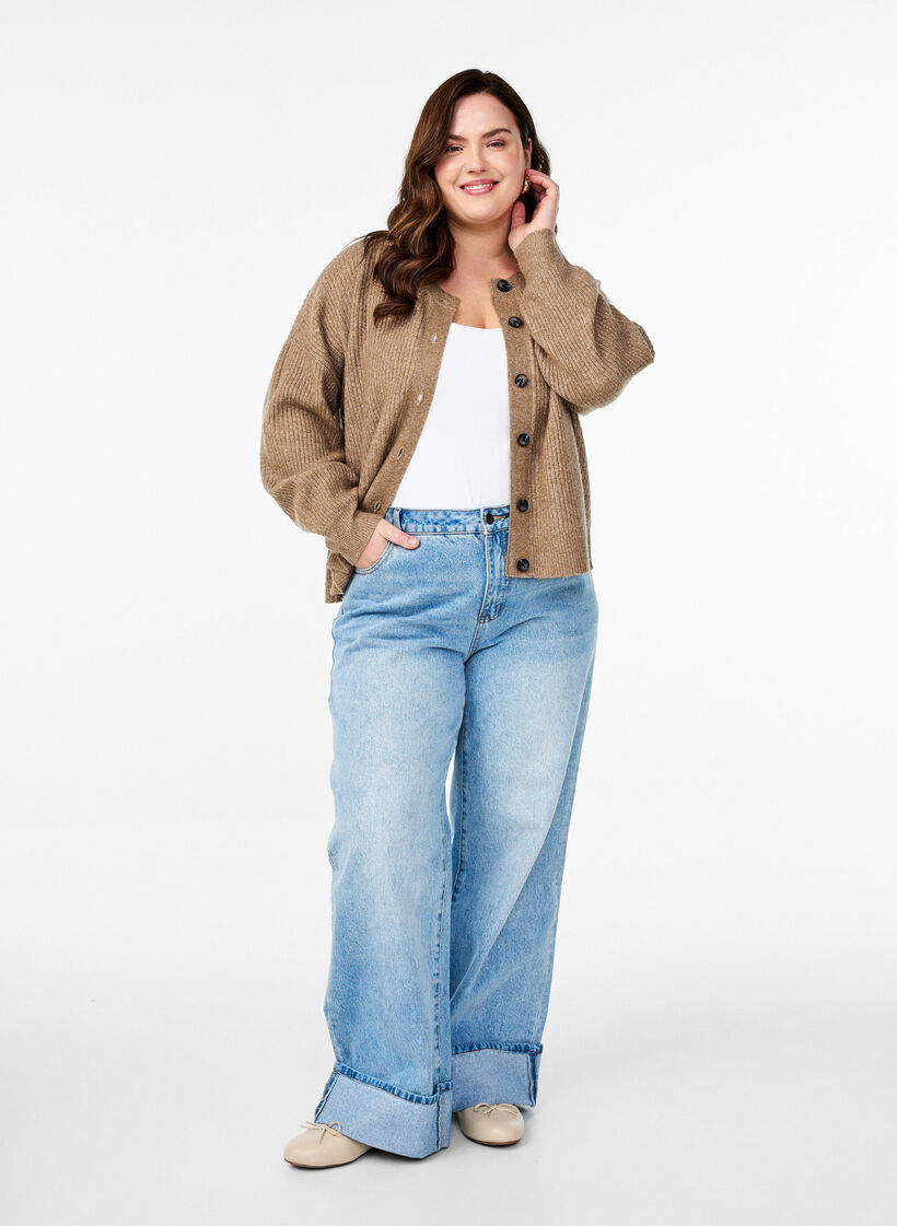 Rippenstrick Strickjacke mit Knöpfen, Braun, Model image number 1