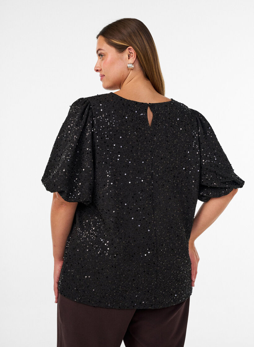 Paillettenbluse mit Ballon&auml;rmeln, Schwarz, Model image number 2