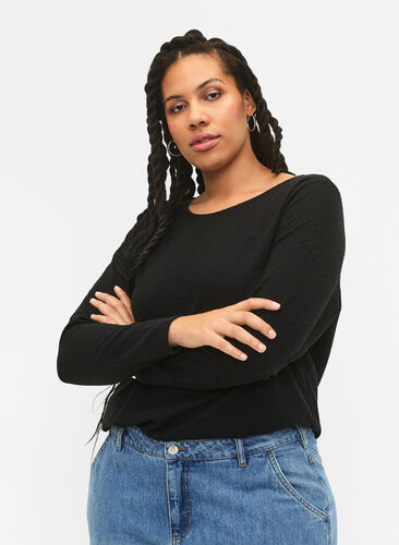 Langärmelige Bluse mit Textur, Black, Model image number 0