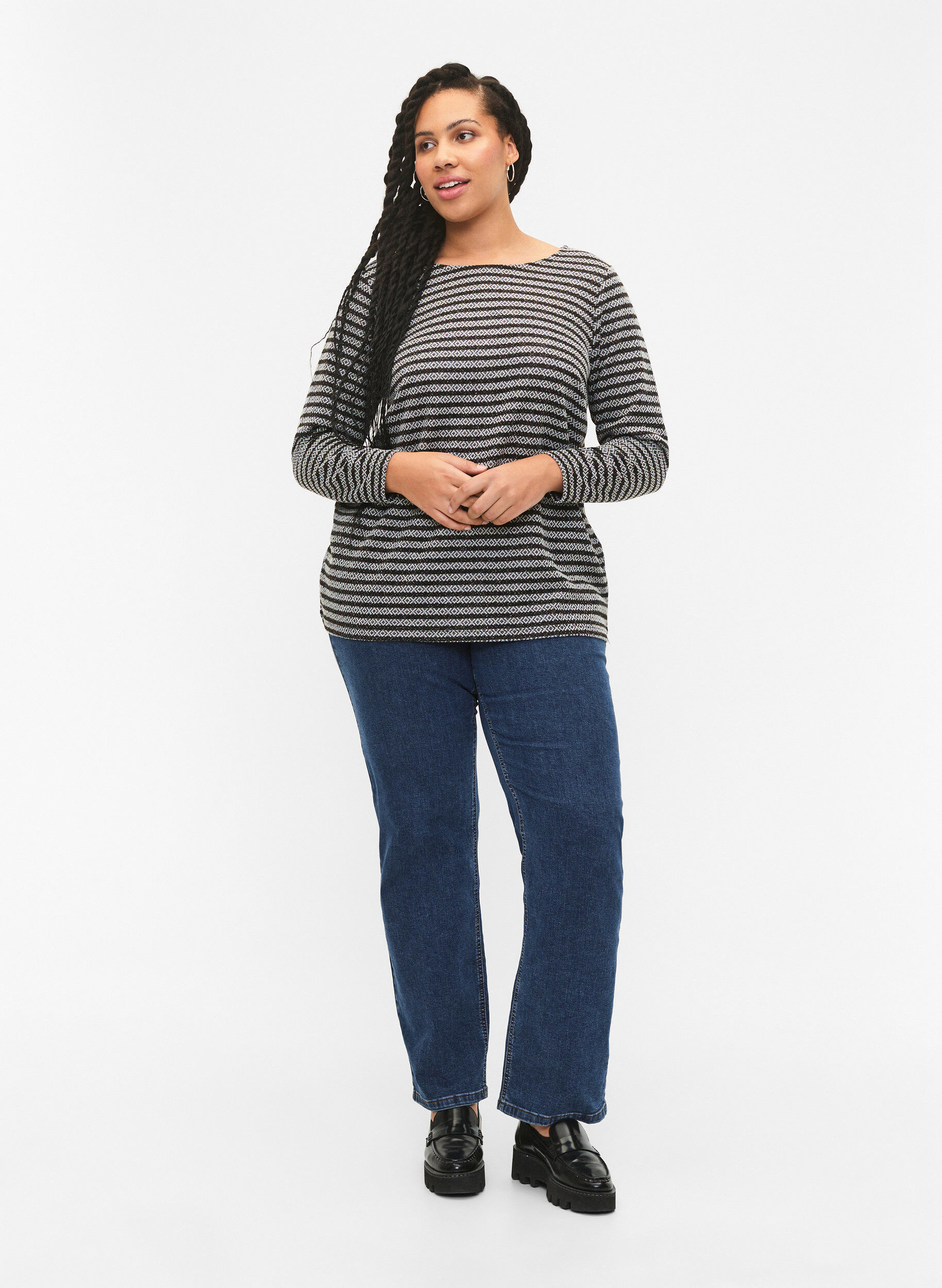 Zizzi  Rundhalsbluse mit Streifenmuster, Black Stripe, Model image number 2