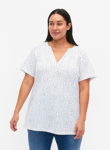 Baumwoll-T-Shirt mit Punkten und V-Ausschnitt, B.White/Black Dot, Model image number 0