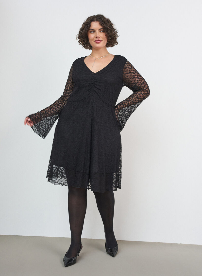 Spitzenkleid mit Trompeten&auml;rmeln und A-Linie, Schwarz, Model image number 0