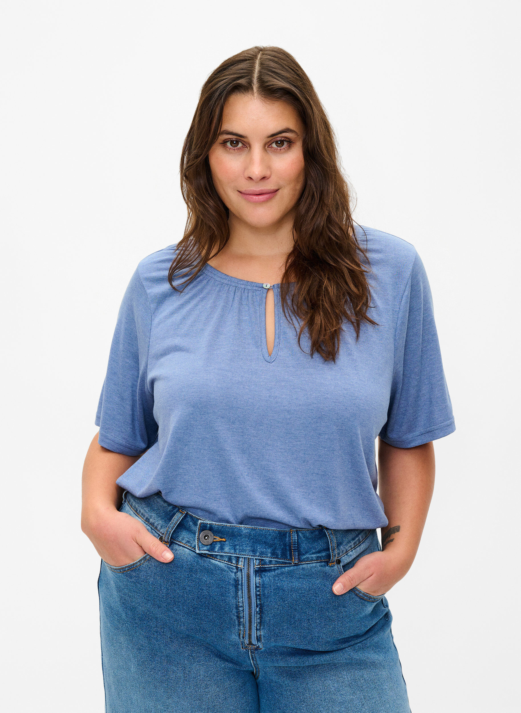 Zizzi Melange Bluse mit kurzen Pins, Moonlight Blue Mel., Model image number 0