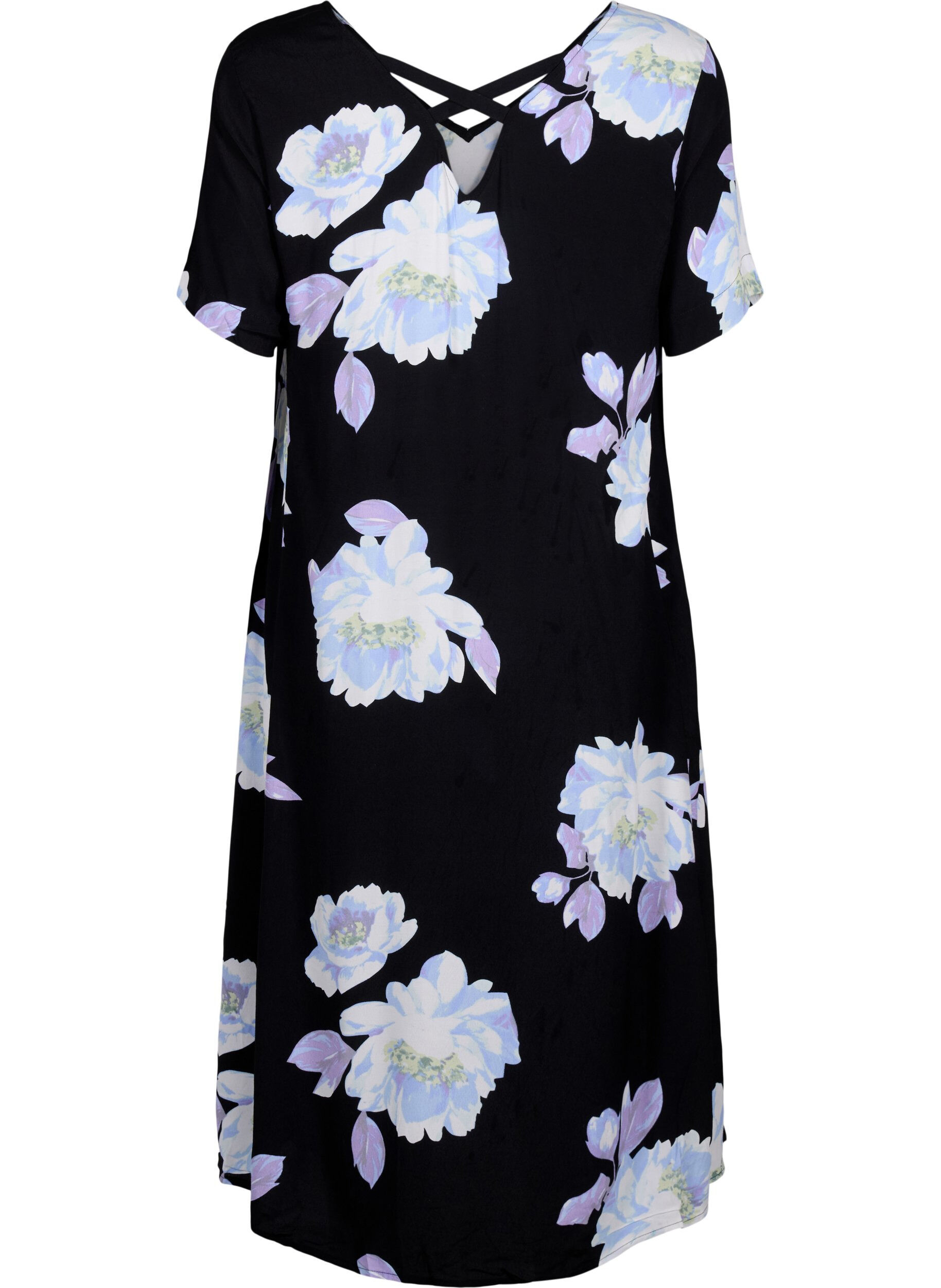 Zizzi Blumenkleid aus Viskose mit kurzen &Auml;rmeln, Black Big Flower AOP, Packshot image number 1