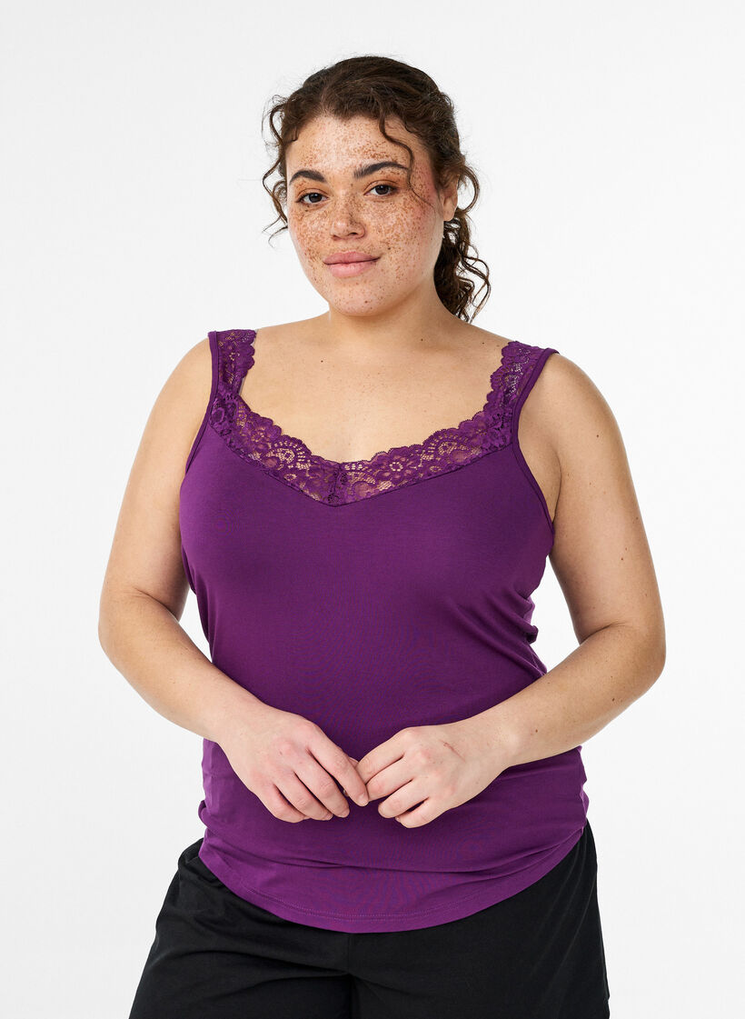 Top aus Viskose mit Spitze, Lila, Model image number 0